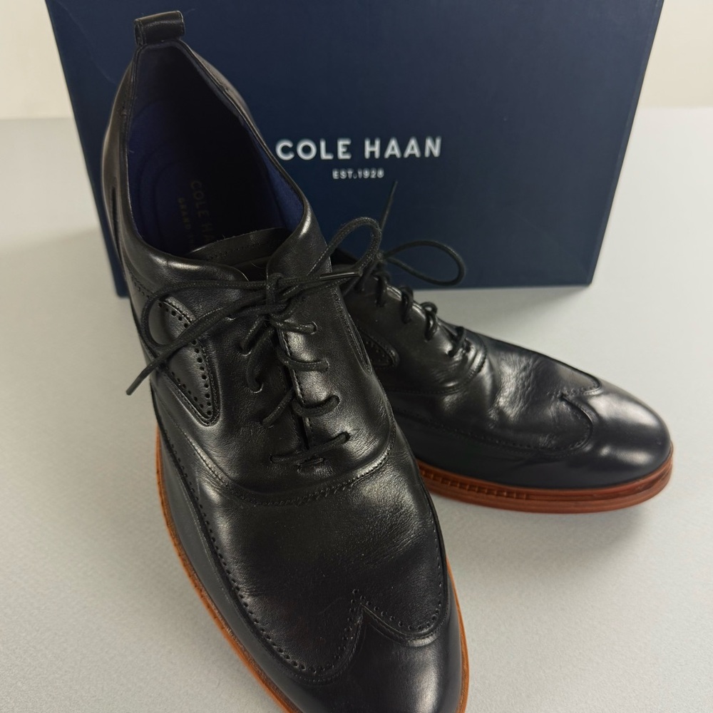 Men's Cole Haan Black Leather Derbys Oxfords with Brown Soles Size 11 M NIB - Picture 3 of 8